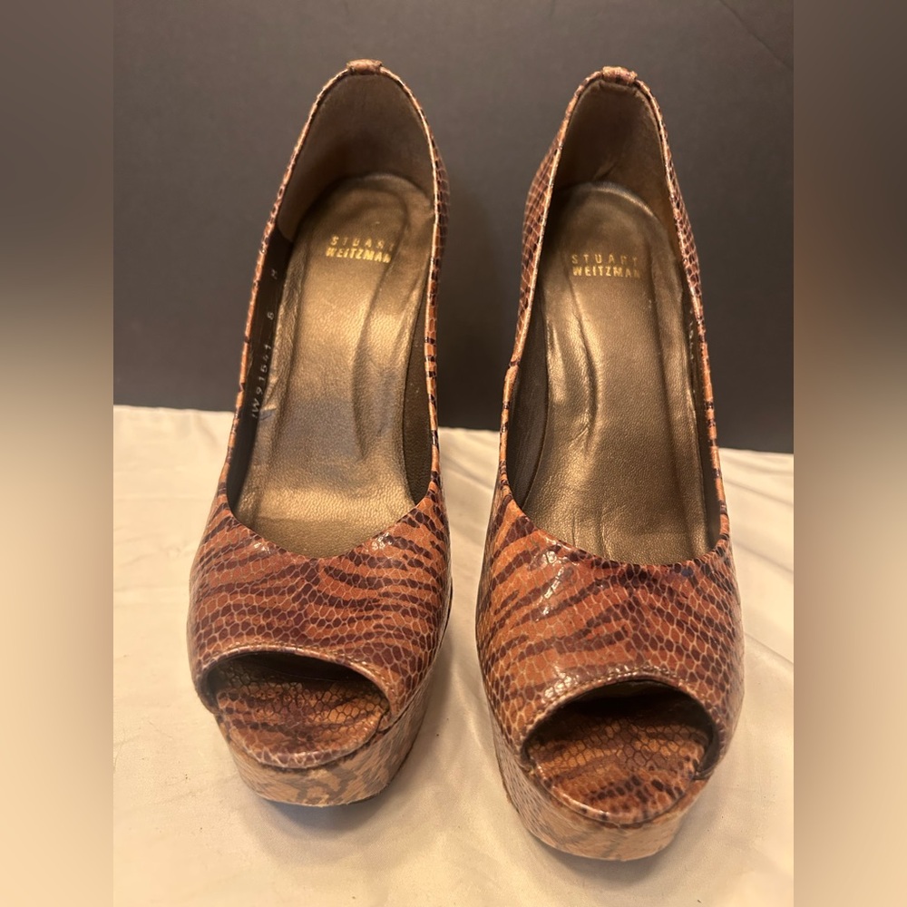 Stuart Weitzman Tiger Pattern Peep Toe Platform Heels